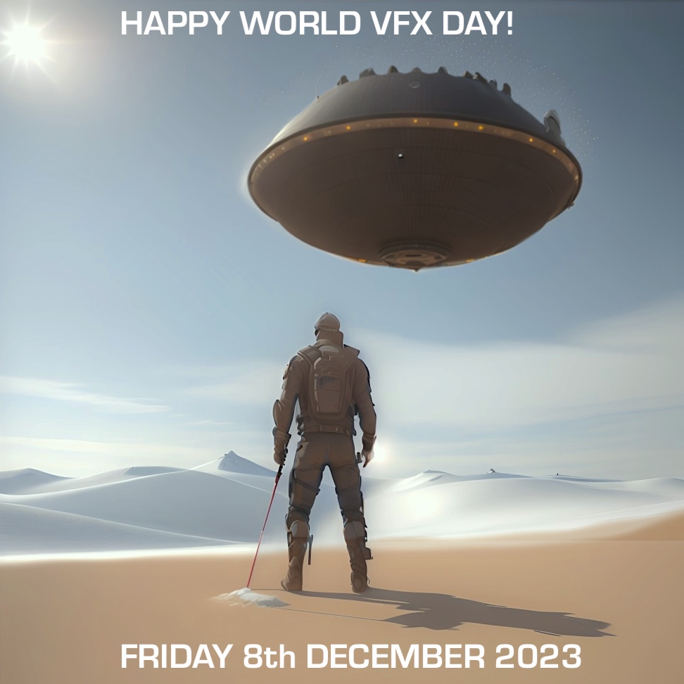 A man looks out on a snow covered desert underneath a spacecraft