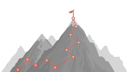Illustration of a route up a mountain with numerous waypoints and a flag at the peak